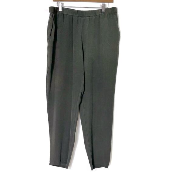 EILEEN FISHER Silk Georgette Crepe Tapered Pants in Olive Large - Picture 1 of 7